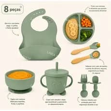 Conjunto 8 peças de Silicone para Bebê Prato com Ventosa, Babador, Colher e Garfo Livre de BPA