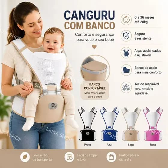 Canguru Ergonômico Carregador de bebê 3 em 1 com Banco de Apoio Ajustável Tecido Respirável