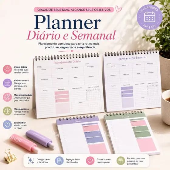 Planner Semanal/Diário Espiral Bloco Organizador de Tarefas Metas Compras Rotina 50 folhas