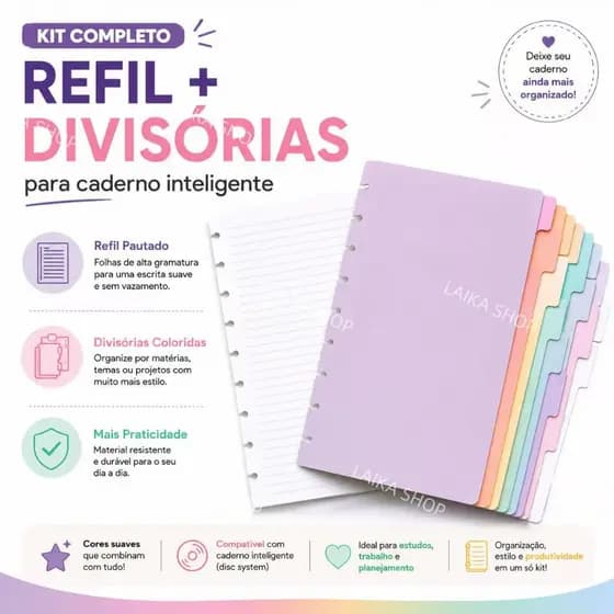 Kit 8 Divisórias e Refil 80 folhas para Caderno Inteligente B5 ou A4 Organizador de matérias Refil Pautada