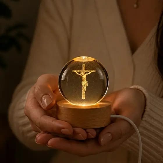Luminária de Mesa Bola de Cristal Abajur pra Sala Vintage Base Madeira Jesus Cristo 3D USB Bíblia