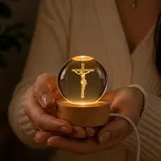 Luminária de Mesa Bola de Cristal Abajur pra Sala Vintage Base Madeira Jesus Cristo 3D USB Bíblia