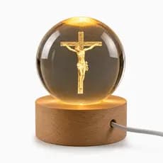 Luminária de Mesa Bola de Cristal Abajur para Sala Vintage Base Madeira Jesus Cristo 3D USB Bíblia
