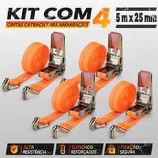Kit 4 Cinta Catraca 5m x 25mm 1000kg Com Gancho Reforçado Para Amarrar Carga