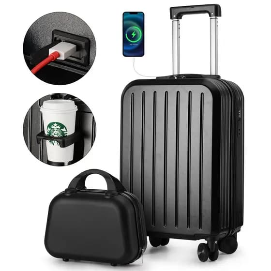 Conjunto De Bagagem Hardshell, 2 Peças Carry On Mala Com Caso Cosmético, 360Grau Rodas, 20 Polegadas E 14 Polegadas Bols
