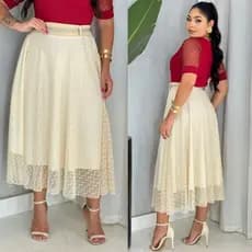 Saia Longa Tule Premium Midi Longuete Moda Evangélica com Cinto