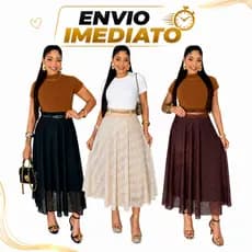 Saia Midi Tule Trabalhada Luxo Com Cinto Exclusivo Elegante Premium Moda Evangélica Feminina