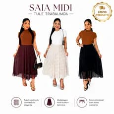 Saia Midi Tule Trabalhada Luxo Exclusivo Elegante Premium Moda Evangélica Feminina Envio Imediato