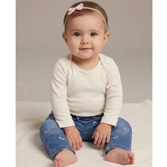 Calça Jeans Bebê Menina Laços Flores Cordão na Cintura Elastano Bolsos Funcionais 01 a 03 Anos