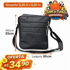 Bolsa Transversal Masculina Preta Multi Bolsos Compacta Dia a Dia Resistente 25x20cm Promoção