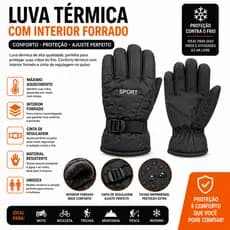Luva Térmica de Inverno Unissex Forrada  Ajuste no Pulso Moto Ciclismo Frio Intenso Preta