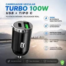 Mini Carregador Veicular Turbo USB 100W + Tipo C 100W