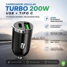 Carregador Veicular para carro Turbo USB 100W + Tipo C 100W Carregamento Rápido Dual Porta 12V 24V