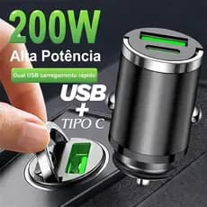 Carregador Veicular para carro Turbo USB + Tipo C Carregamento Rápido Dual Porta 12V 24V