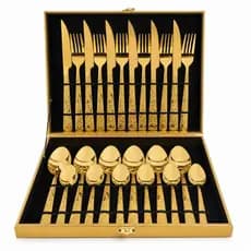 Faqueiro Talheres Inox Banho Ouro 24 Peças, Conjunto Dourado Prata Gravado Caixa Madeira Presente
