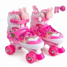 Patins Quad Infantil Menina Coelhinho & Sereia Rodas LED Tamanho Ajustável Com Kit Proteção Completo