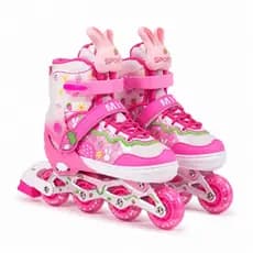 Patins Inline Infantil Rosa Coelho Morango Ajustável Rodas LED Seguro Para Menina Presente