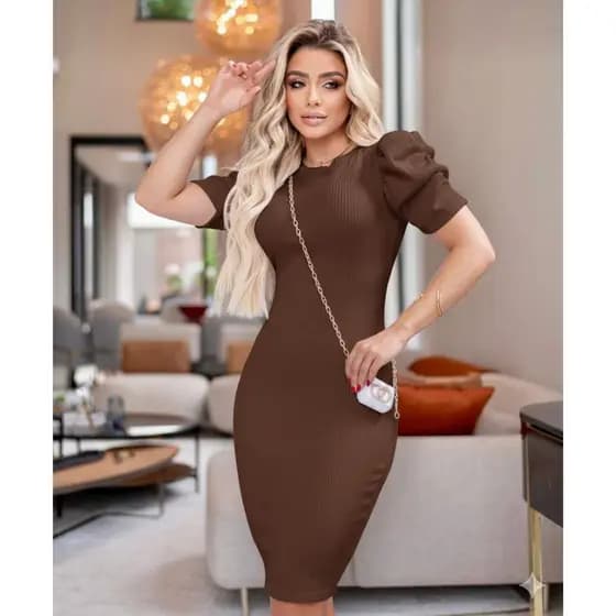 Vestido Midi Canelado Amarelo Feminino Manga Princesa Confortável