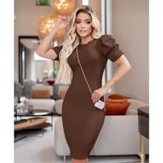 Vestido Midi Canelado Amarelo Feminino Manga Princesa Confortável