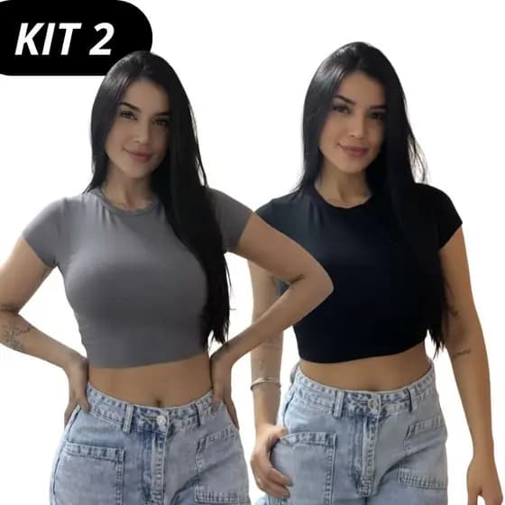 Kit 2 Baby Tee Feminina - Blusa Slim Fit Manga Curta Blusa de Compressão Várias Cores Ajuste Perfeito