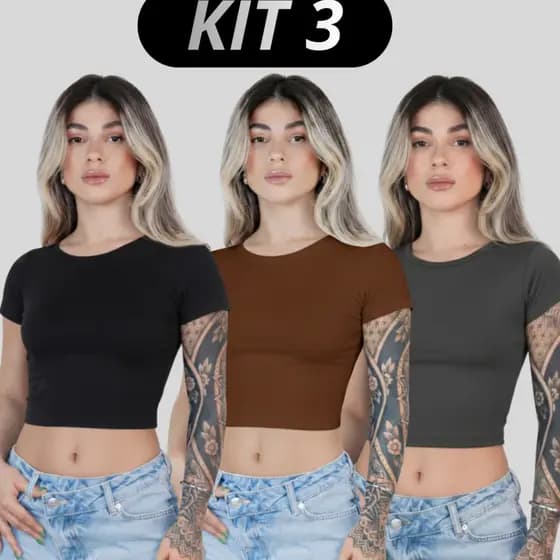 Kit 3 Baby Tee Feminina - Blusa Slim Fit Manga Curta Blusa de Compressão Várias Cores Ajuste Perfeito verão feminina
