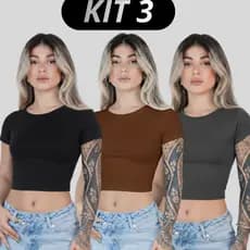 Kit 3 Baby Tee Feminina - Blusa Slim Fit Manga Curta Blusa de Compressão Várias Cores Ajuste Perfeito verão feminina