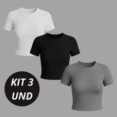 Kit 3 Baby Tee Feminina - Blusa Slim Fit Manga Curta Blusa de Compressão Várias Cores Ajuste Perfeito
