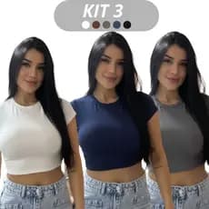 Kit 3 Baby Tee Feminina - Blusa Slim Fit Manga Curta Blusa de Compressão Várias Cores Ajuste Perfeito  Ajuste Perfeito