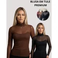 Blusa Tule Feminina Gola Alta Manga Longa Transparente Segunda Pele Elegante Moda Inverno Premium  2️⃣