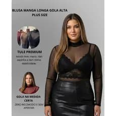 Blusa Tule Plus Size Feminina Manga Longa Gola Alta Transparente Segunda Pele Moda Elegante Premium
