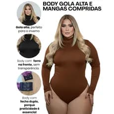 Body Feminino Plus Size Suplex Premium Gola Alta Manga Longa Com Forro Fecho Duplo Zero Transparência