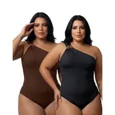 Body Plus Size Feminino Um Ombro Só Suplex Premium Com Forro Zero Transparência PretoModelador Elegante Festa Tamanho