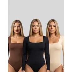 Body Feminino Manga Longa Suplex Premium Decote Quadrado Modelador Zero Transparência Body Básico Elegante Inverno