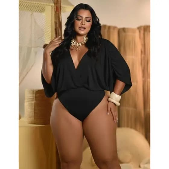 Body Feminino Suplex Premium Plus Size Kimono Decote V Manga Ampla Morcego Atemporal Moda Verão Praia Noite Elegante