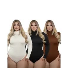 Body Feminino Plus Size Gola Alta Manga Longa Suplex Premium Modelador Com Forro Zero Transparência Moda Inverno