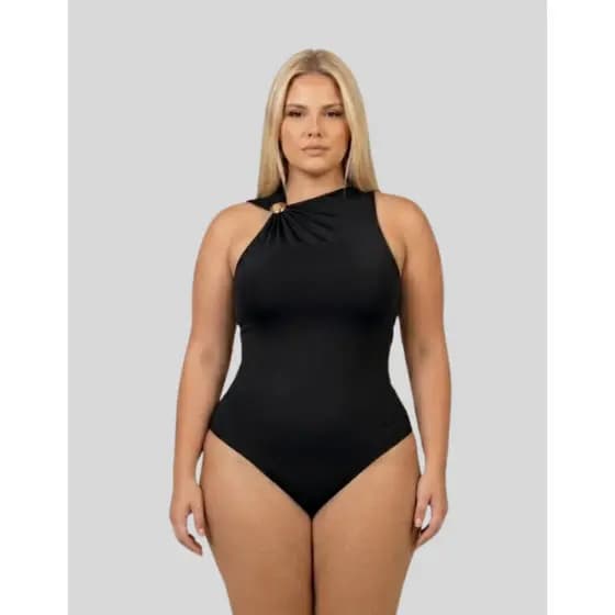 Body Feminino Plus Size Suplex Premium Argola Decote Assimétrico Sem Bojo Zero Transparência Elegante Moda