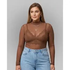 Blusa Tule Feminina Plus Size Gola Alta Manga Longa Transparente Segunda Pele Premium Moda Feminina Elegante