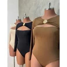 Body Feminino Plus Size Manga Longa Suplex Argola Decote Moderno Moda Inverno Casual Elegante