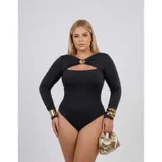 Body Feminino Plus Size Manga Longa Suplex Decote Vazado Argola Moda Inverno Elegante Zero Transparência