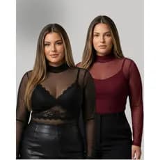 Blusa Tule Feminina Plus Size Transparente Manga Longa Gola Alta Casual Elegante Segunda Pele Premium