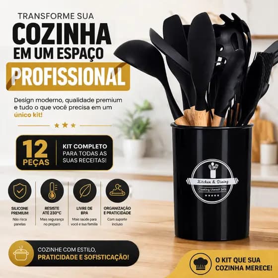 Kit Utensílios Cozinha Silicone 12 Peças Preto Cabo Madeira Antiaderente