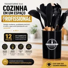 Kit Utensílios Cozinha Silicone 12 Peças Preto Cabo Madeira Antiaderente