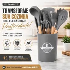 Kit Utensílios Cozinha Silicone 12 Peças Cinza Cabo Madeira Antiaderente