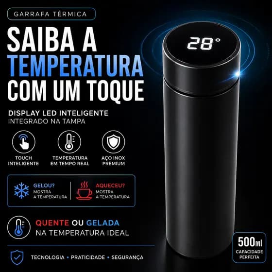 Garrafa Térmica Inteligente 500ml LED Termômetro Digital Inox