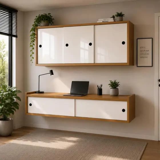 Kit Home Office Suspenso Escrivaninha 90cm e Armário Aéreo 90cm Portas de Correr Conjunto Suspenso Para Escritório