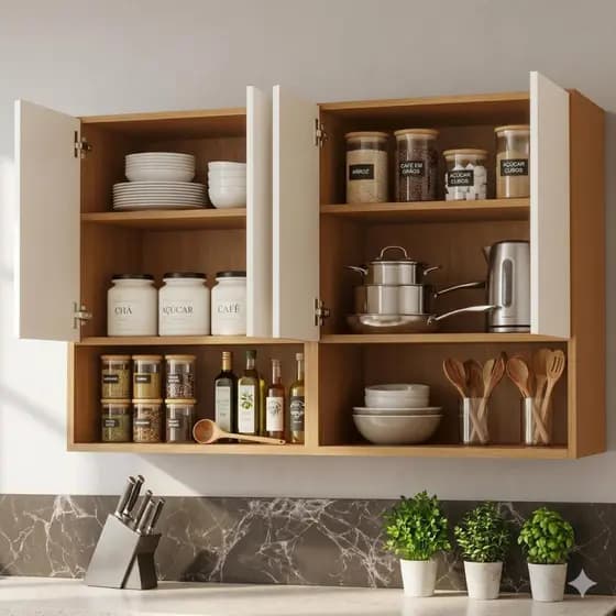 Armário Aéreo para Cozinha Bela 117cm 4 Portas com Nicho Moderno MDF MDP Armário de Parede Multiuso