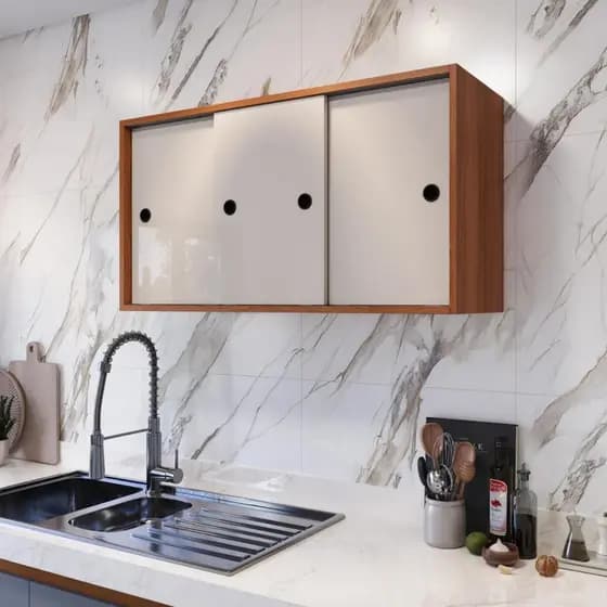 Armário Suspenso Multiuso 90cm Cozinha Quarto Lavanderia 3 Portas de Correr Gabinete Aéreo Organizador com Portas Desliz