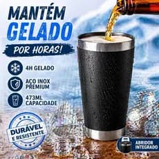 Copo Térmico 473ML Inox para Cerveja com Tampa e Abridor Garrafa Parede Dupla Quente e Gelado