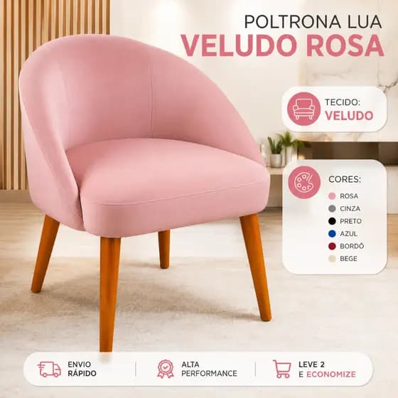 Poltrona Cadeira Estofada Lua Veludo Rosa Luxo Moderna Elegante Madeira Sala Quarto Confortável