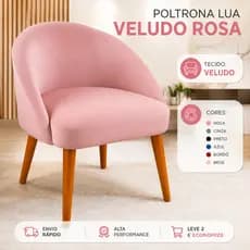 Poltrona Cadeira Estofada Lua Veludo Rosa Luxo Moderna Elegante Madeira Sala Quarto Confortável
